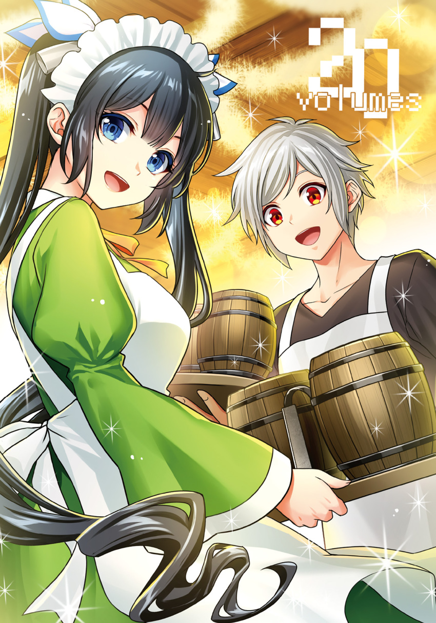 1boy, 1girl, :d, apron, bell_cranel, black_hair, black_shirt, blue_eyes