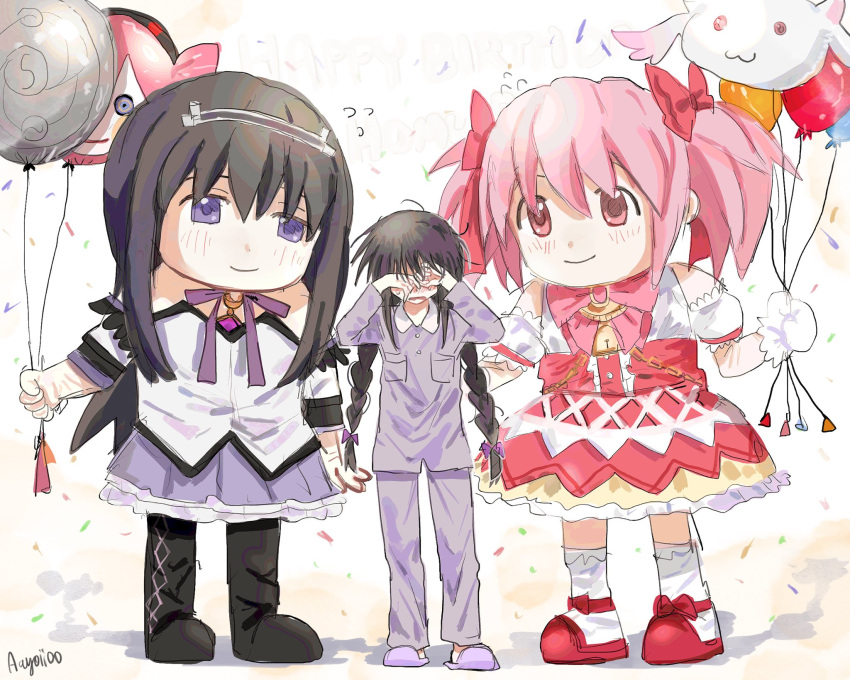 1girl, 2others, aayoii_00, akemi_homura, akemi_homura_(magical_girl), balloon, black_hair, bow