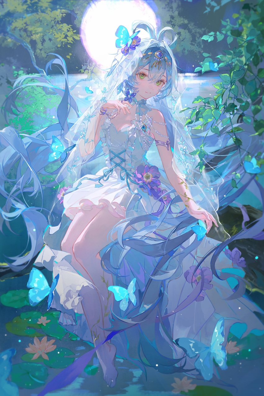 1girl, absurdres, armlet, barefoot, blue_butterfly, blue_flower, blue_ribbon, bracelet, branch, bug, butterfly, choker, closed_mouth, crossed_bangs, dingding_zi, dress, eyelashes, floating_hair, flower, frills, full_body, full_moon, gem, gem_hair_ornament, green_eyes, hair_between_eyes, hair_flower, hair_intakes, hair_ornament, highres, jewelry, leaf, lily_pad, long_hair, looking_at_viewer, lotus, makeup, moon, night, night_sky, original, outdoors, pearl_(gemstone), pink_flower, purple_flower, purple_gemstone, ribbon, ring, rouge_(makeup), sidelocks, sitting, sky, smile, solo, strapless, strapless_dress, veil, very_long_hair, water, white_choker, white_dress, white_hair, white_veil, wind