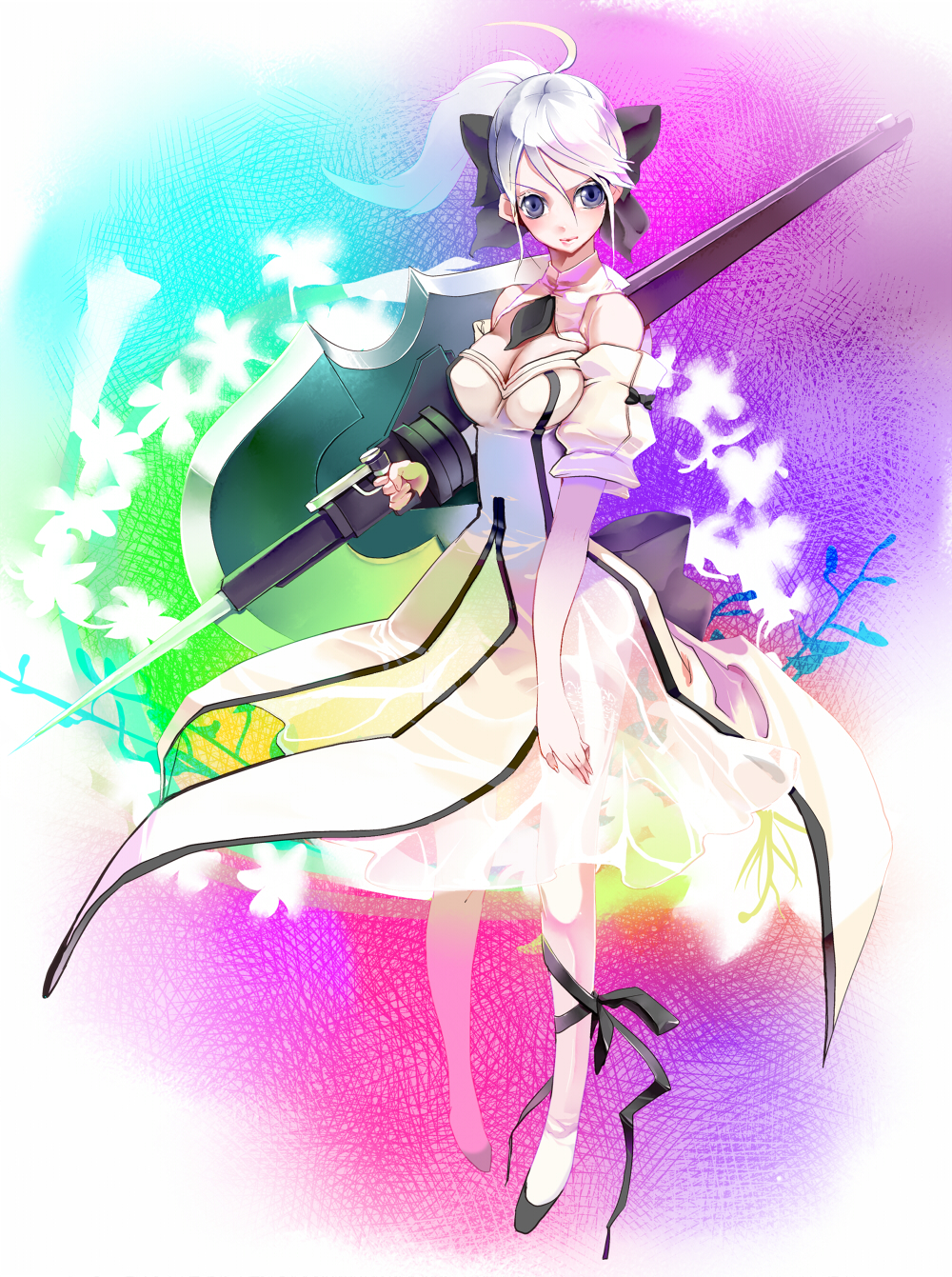 bare_shoulders, bow, breasts, cleavage, cosplay, detached_sleeves, dress, fate/stay_night