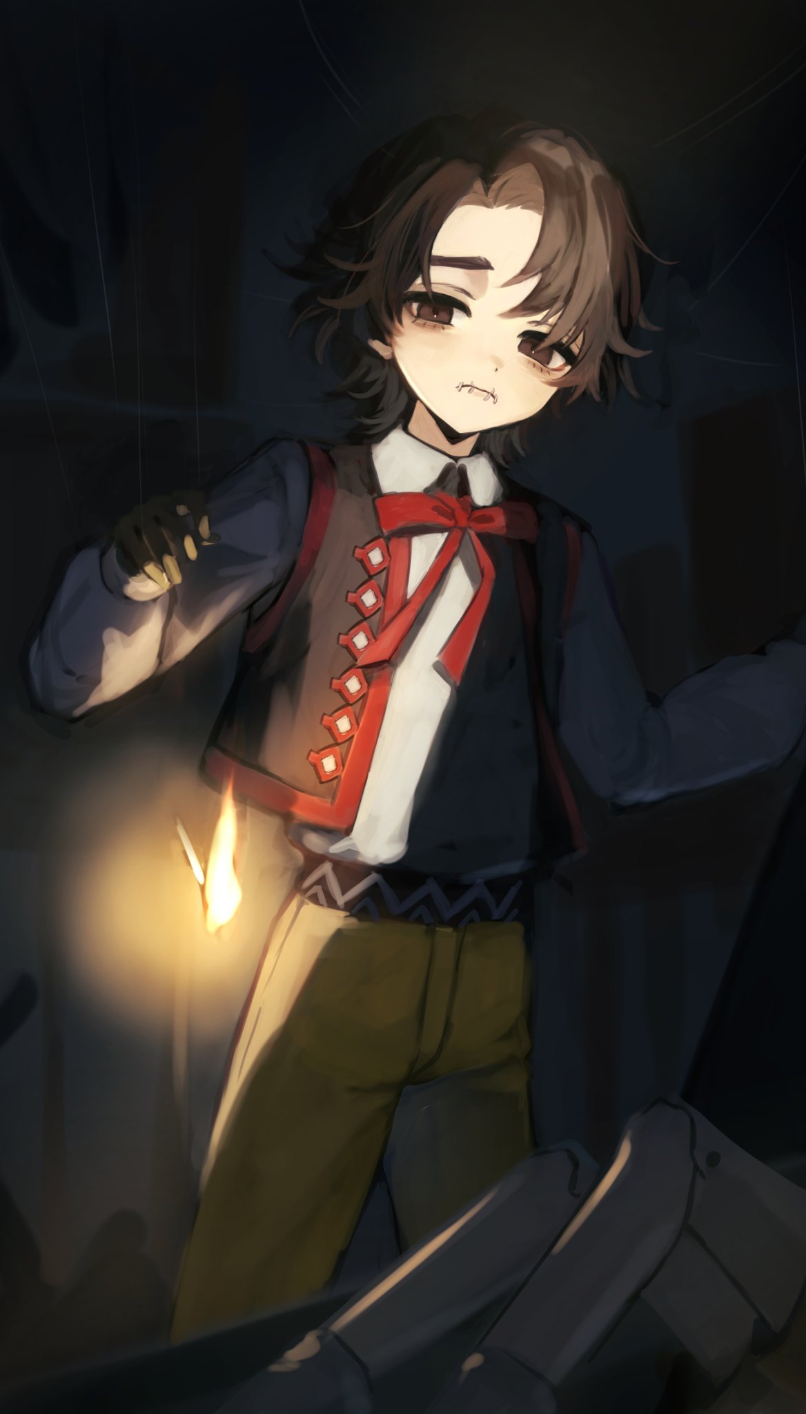 1boy, 37mimi_aim, aged_down, alternate_costume, bow, bowtie, brown_eyes, brown_hair