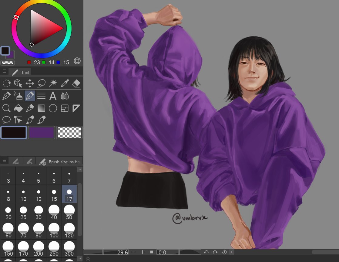 1girl, adjusting_sleeves, arm_up, art_program_in_frame, black_hair, bob_cut, front_and_back, han_sooyoung, hood, hood_down, hood_up, hoodie, looking_at_viewer, midriff, multiple_views, omniscient_reader's_viewpoint, purple_hoodie, screenshot, short_hair, sleeves_rolled_up, smile, umbrvx