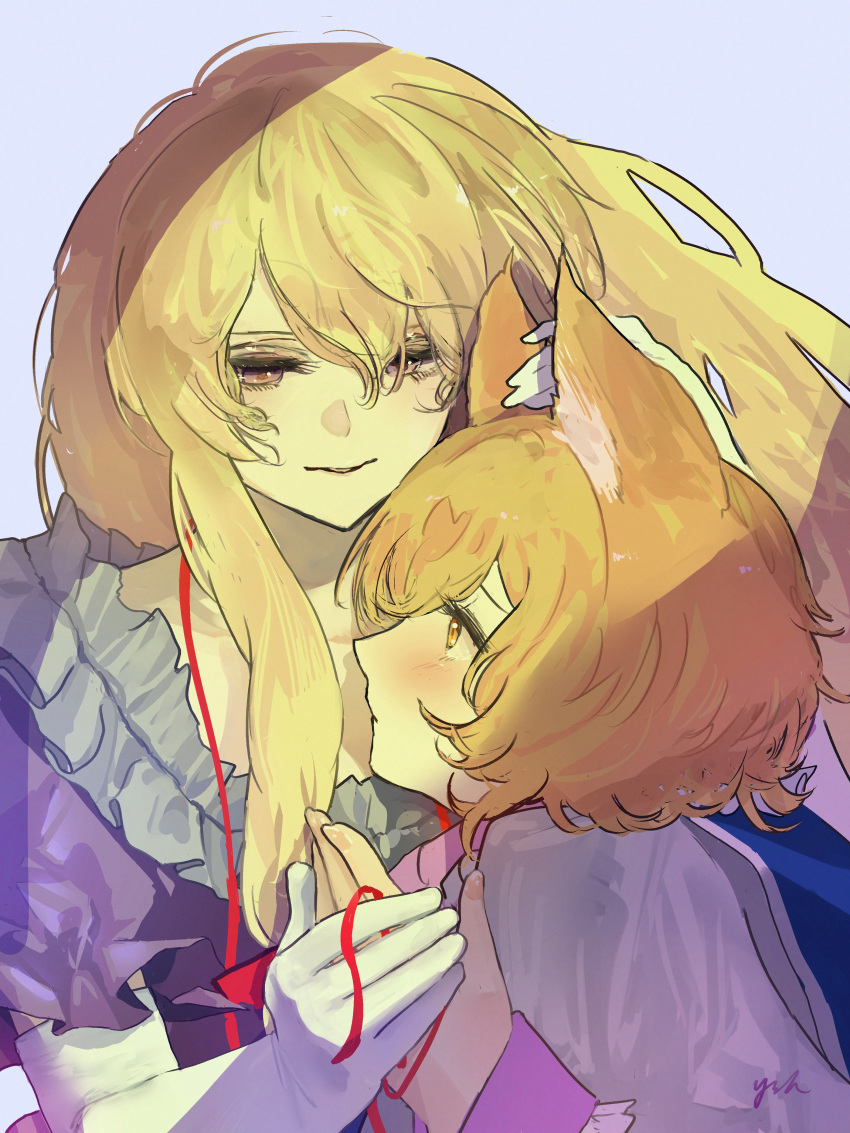2girls, absurdres, animal_ears, blonde_hair, blue_tabard, blush, commentary_request, dress