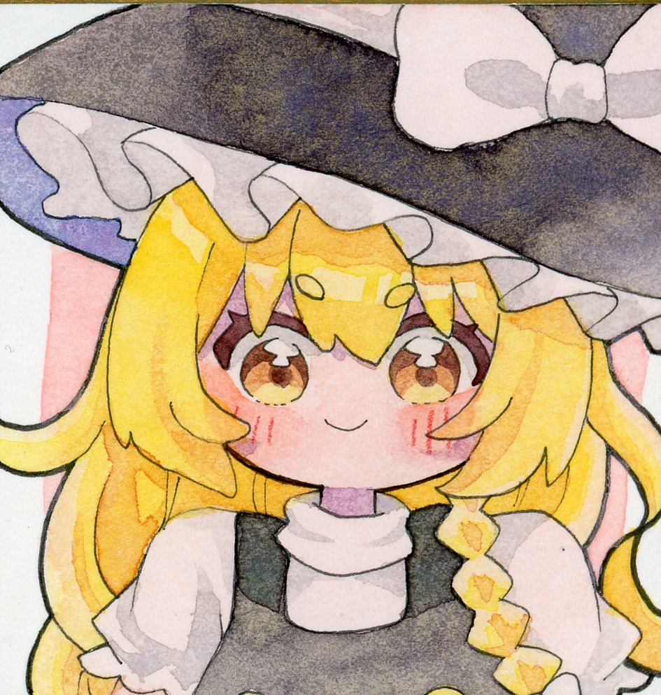 1girl, black_hat, black_vest, blonde_hair, blush, border, bow, braid