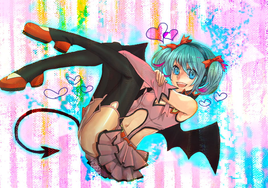 1girl, alternate_hair_length, alternate_hairstyle, aqua_eyes, aqua_hair, bow, demon, demon_girl