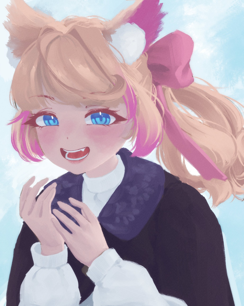 1girl, animal_ear_fluff, animal_ears, black_coat, blonde_hair, blue_background, blue_eyes, blush