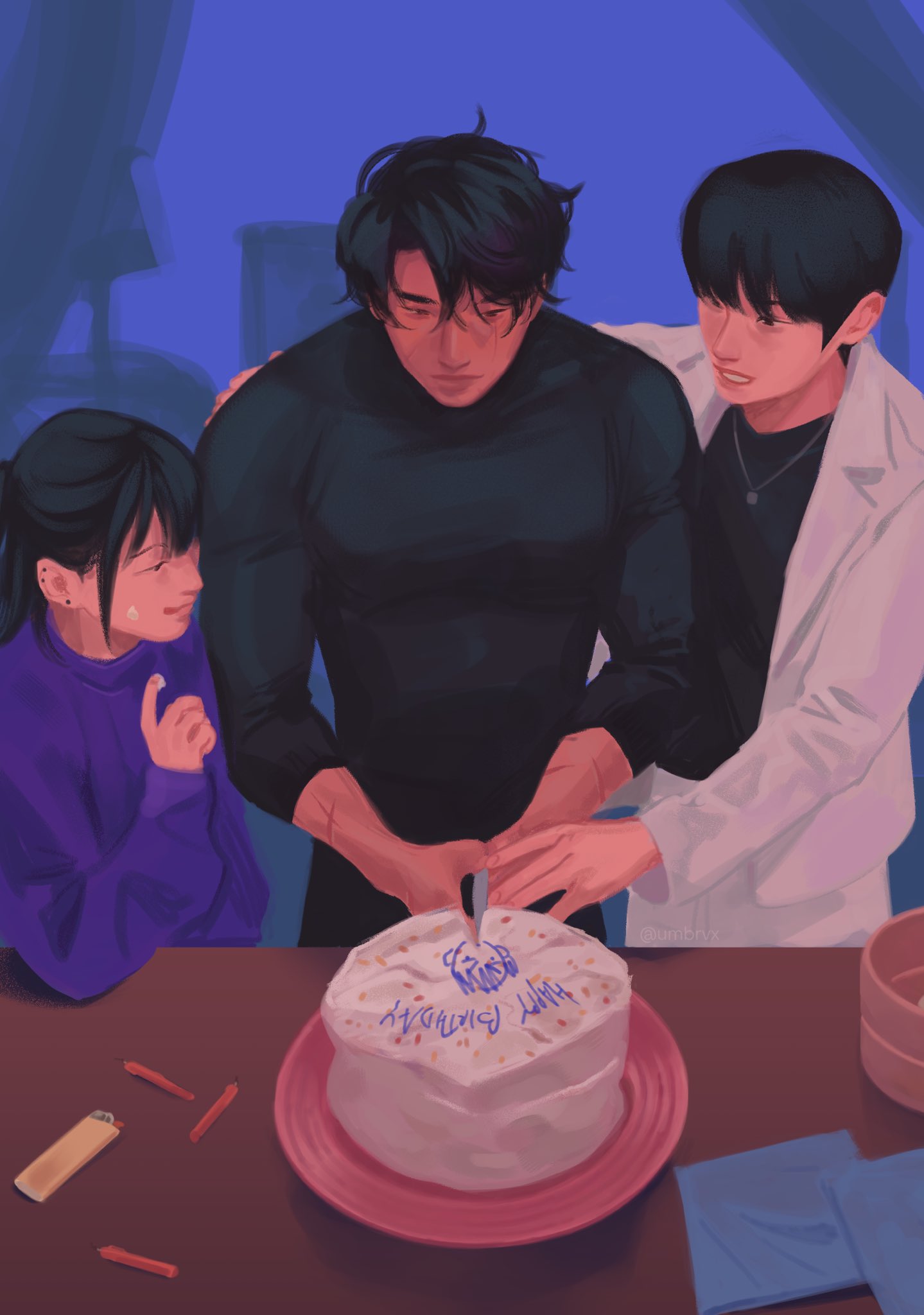 1girl, 2boys, black_hair, black_shirt, bob_cut, cake, candle, coat