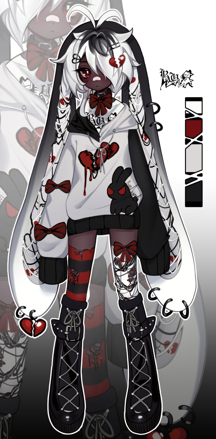 1girl, absurdres, adoptable, antenna_hair, bandaid, bandaid_on_face, bandaid_on_nose, black_boots, boots, broken_heart, broken_heart_hair_ornament, closed_mouth, cloud_(lufaeris), color_guide, commentary, dark-skinned_female, dark_skin, english_commentary, full_body, gradient_clothes, gradient_veil, grey_hoodie, grey_veil, hair_ornament, hair_over_one_eye, hairclip, heart, highres, hood, hood_down, hoodie, long_sleeves, looking_at_viewer, one_eye_covered, original, parallel_hairclips, red_eyes, red_thighhighs, short_hair, sleeves_past_fingers, sleeves_past_wrists, striped_clothes, striped_thighhighs, swept_bangs, thigh-highs, thigh_boots, veil, white_hair, zoom_layer