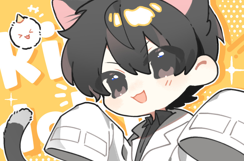 1boy, :d, animal_ears, biyoo_(omniscient_reader's_viewpoint), black_eyes, black_hair, black_shirt, blush
