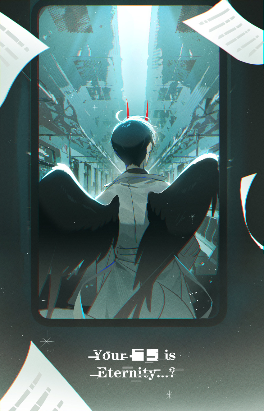 1boy, absurdres, black_hair, black_shirt, black_wings, ceiling_light, chromatic_aberration, coat