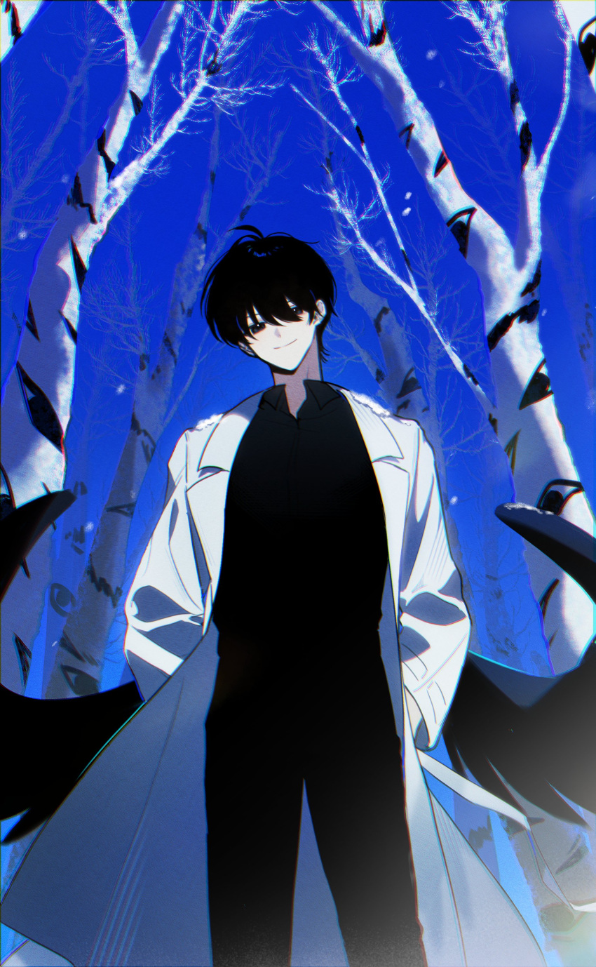 1boy, absurdres, bare_tree, birch_tree, black_eyes, black_hair, black_shirt, black_wings