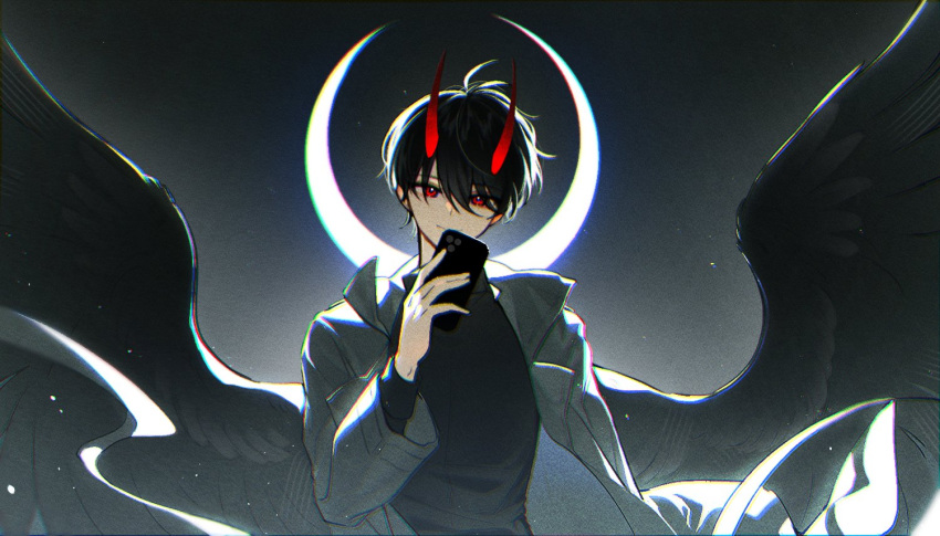 1boy, backlighting, black_hair, black_shirt, black_wings, coat, commentary, crescent
