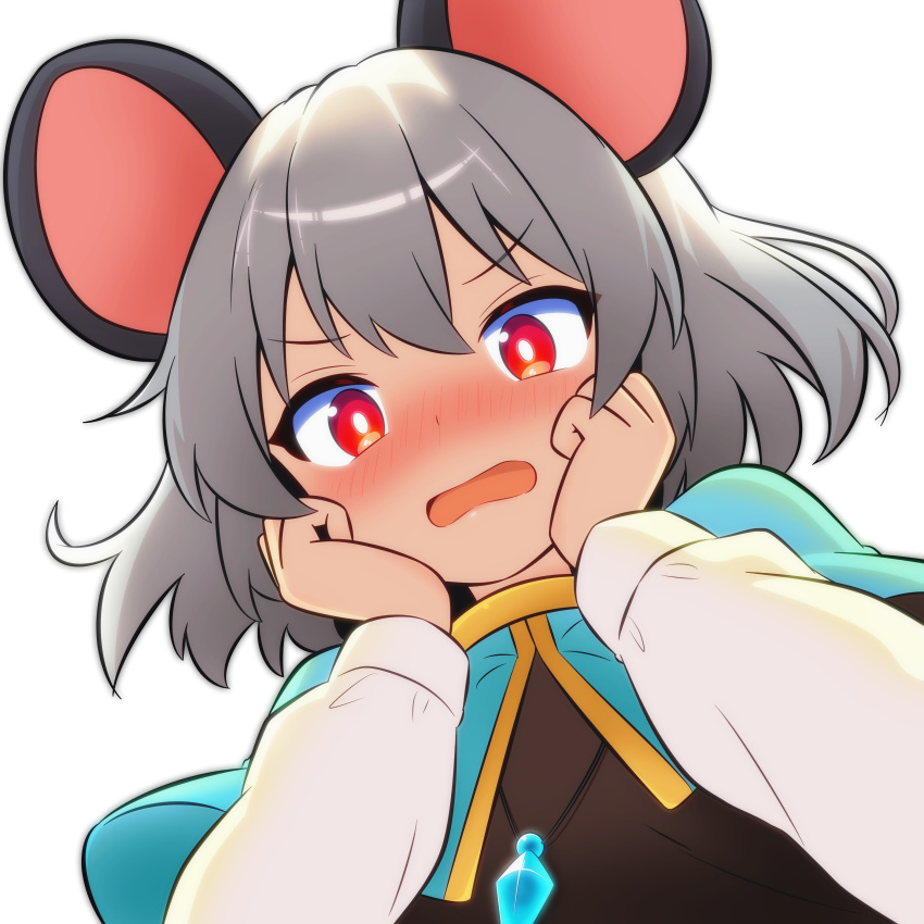 1girl, absurdres, animal_ears, blue_capelet, blush, brown_shirt, capelet, commentary_request