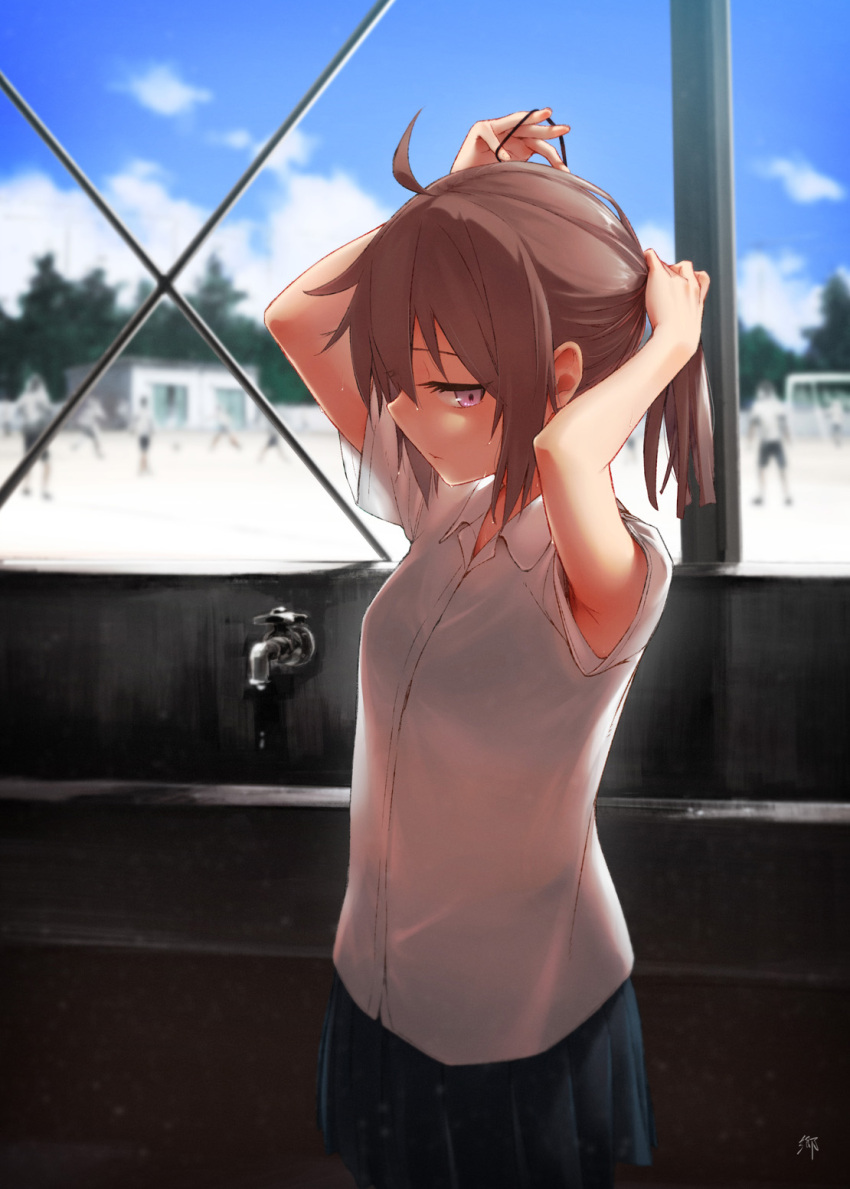1girl, ahoge, black_skirt, blue_sky, brown_hair, closed_mouth, collared_shirt, commentary_request