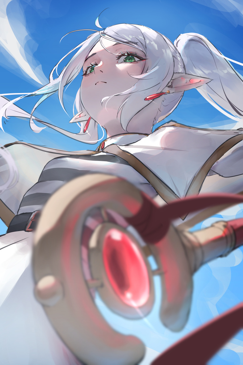 1girl, absurdres, belt, black_belt, black_shirt, blue_sky, capelet, closed_mouth