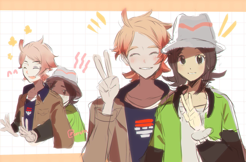 1boy, 1girl, blonde_hair, blue_shirt, brown_eyes, brown_hair, brown_jacket, closed_eyes, commentary, english_commentary, gradient_hair, green_jacket, harmony_(pokemon), hat, highres, hug, hug_from_behind, jacket, looking_at_viewer, mega_ring, multicolored_hair, nmlm_16, open_clothes, open_jacket, open_mouth, pink_hair, poke_ball_print, pokemon, pokemon_legends:_z-a, print_shirt, shirt, sidelocks, smile, striped_hat, teeth, two-tone_hair, urbain_(pokemon), v, white_hat