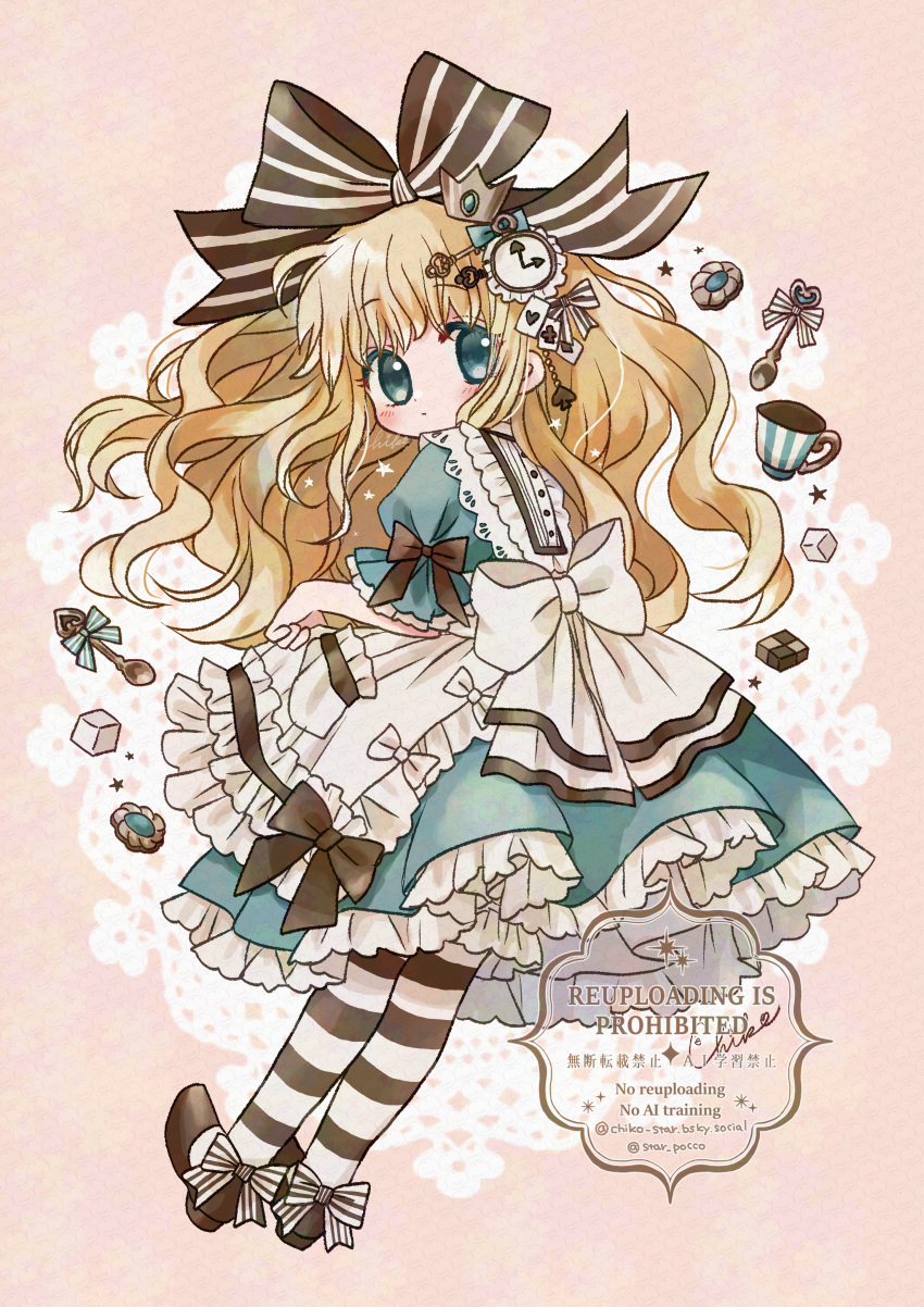 1girl, absurdres, alice's_adventures_in_wonderland, alice_(alice_in_wonderland), aqua_dress, aqua_eyes, blonde_hair, chiko_(star_pocco)