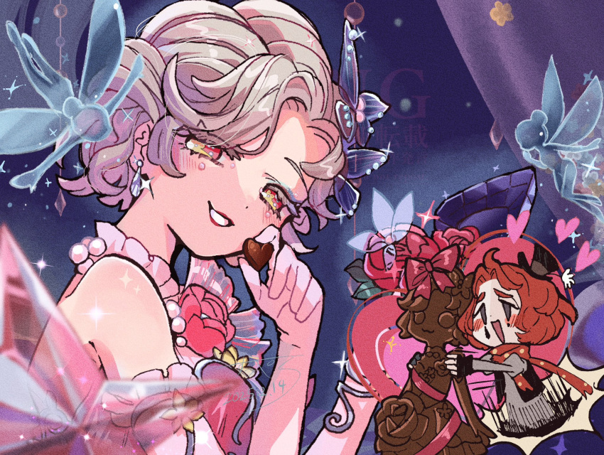 1boy, 1girl, :d, blonde_hair, blush, butterfly_hair_ornament, candy, chibi