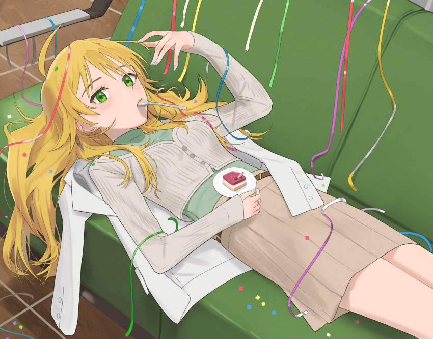 1girl, ahoge, belt, blonde_hair, blue_nails, blush, brown_belt, brown_skirt