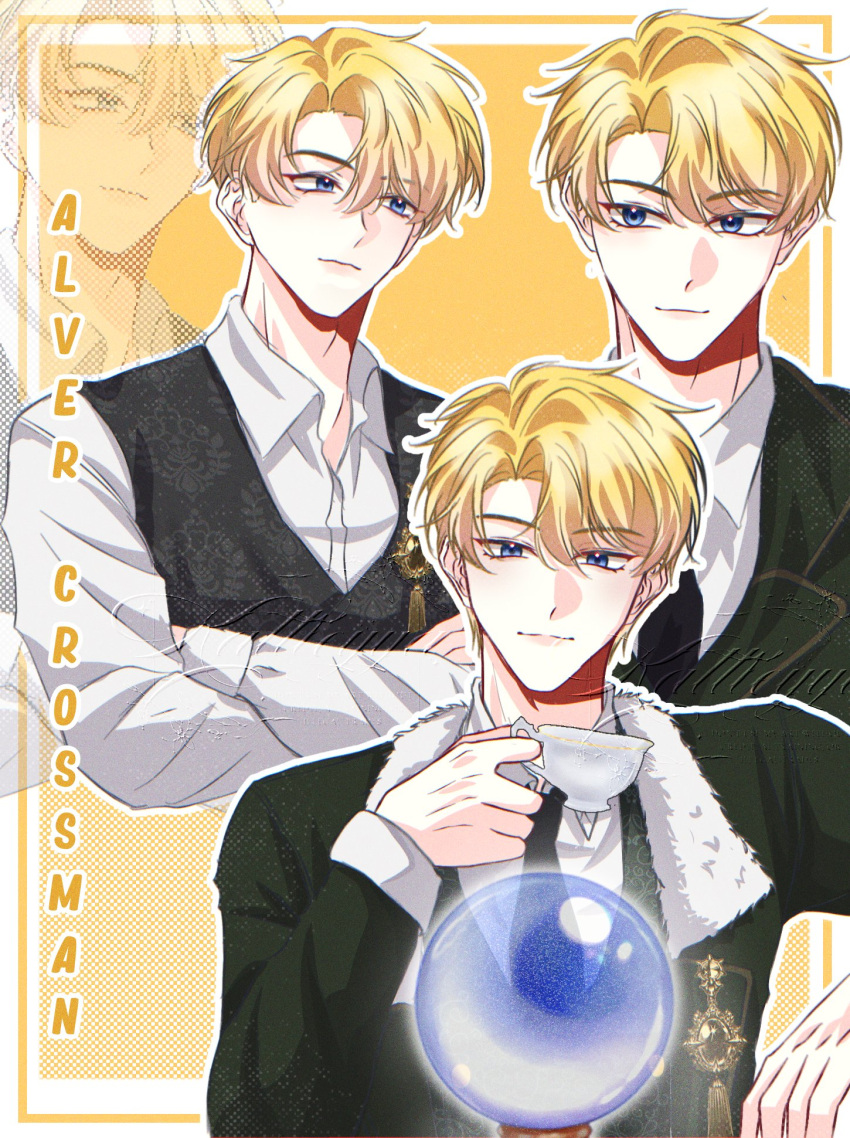 1boy, alberu_crossman, black_necktie, black_vest, blonde_hair, blue_eyes, character_name, closed_mouth, collared_shirt, crossed_arms, cup, green_jacket, highres, holding, holding_cup, jacket, kattleyya, long_sleeves, looking_at_viewer, lout_of_count's_family, male_focus, mole, multiple_views, necktie, outline, parted_bangs, shirt, short_hair, smile, teacup, upper_body, vest, virtual_youtuber, white_outline, white_shirt, yellow_background, zoom_layer