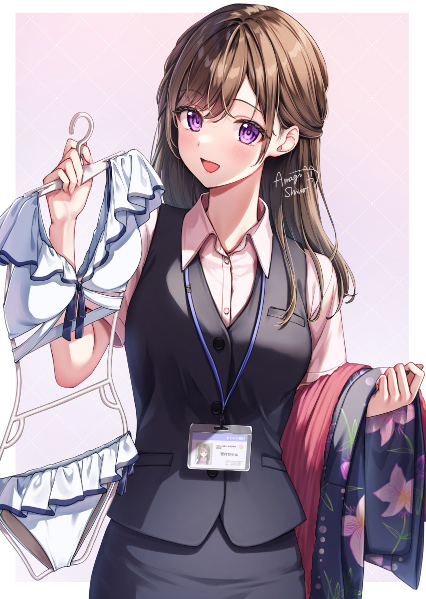 1girl, :d, amagi_shino, artist_name, blush, brown_hair, commentary_request, eyelashes, half_updo, happy, highres, long_hair, looking_at_viewer, office_lady, open_mouth, original, receptionist_girl_(amagi_shino), shirt, signature, smile, solo, standing, swimsuit_hanger, twitter_username, violet_eyes