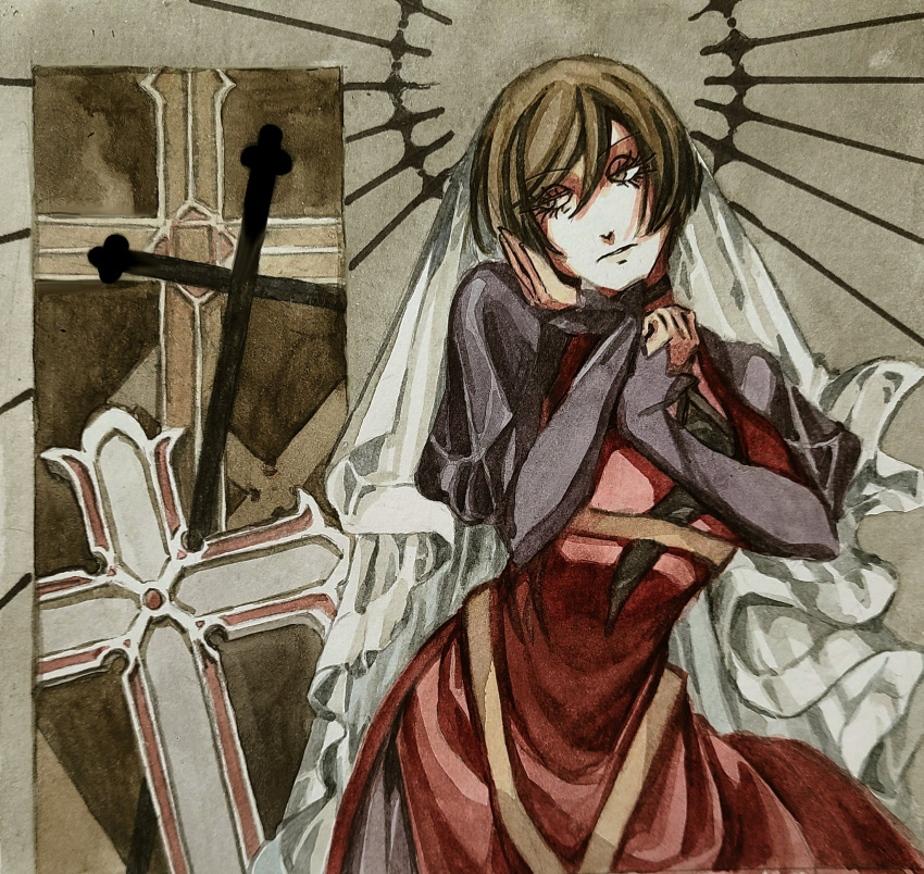 1girl, black_choker, black_halo, bridal_veil, brown_eyes, brown_hair, choker, commentary