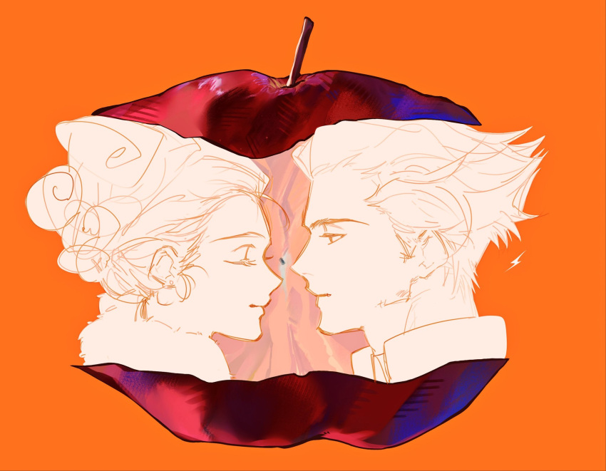 1boy, 1girl, alexander_(veil), apple, apple_core, appletrend, closed_eyes, closed_mouth