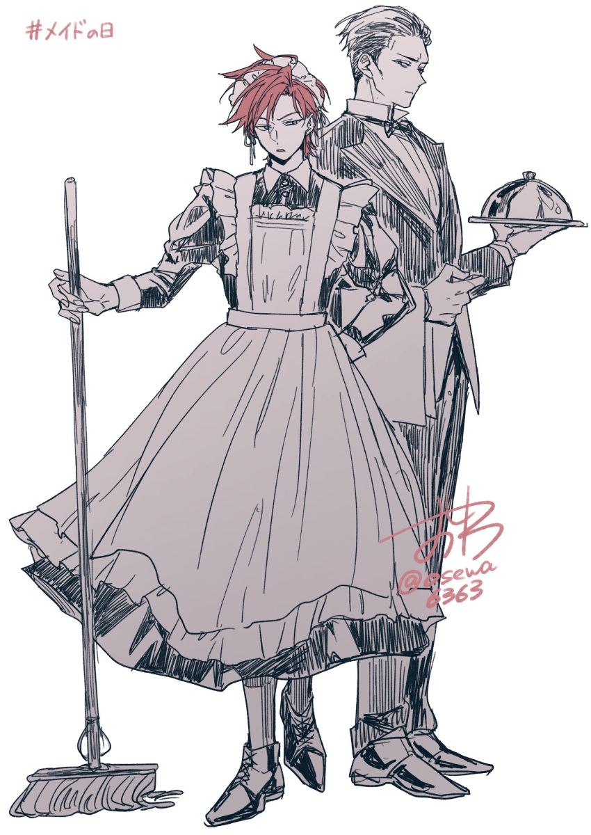 2boys, alternate_costume, apron, beacrox_molan, black_bow, black_bowtie, black_dress, black_hair, black_pants, black_suit, bow, bowtie, broom, butler, cale_henituse, commentary_request, crossdressing, crossdressing_(mtf), dated, dress, dress_shoes, earrings, enmaided, formal_clothes, frilled_apron, frills, full_body, gloves, hair_slicked_back, highres, holding, holding_broom, holding_mop, holding_plate, holding_tray, jacket, jewelry, juliet_sleeves, long_sleeves, lout_of_count's_family, maid, maid_apron, maid_day, maid_headdress, male_focus, male_maid, mop, multiple_boys, osewa6363, pants, plate, puffy_sleeves, red_hair, shirt, shoes, short_hair, signature, simple_background, spiky_hair, standing, suit, suit_jacket, tray, white_apron, white_background