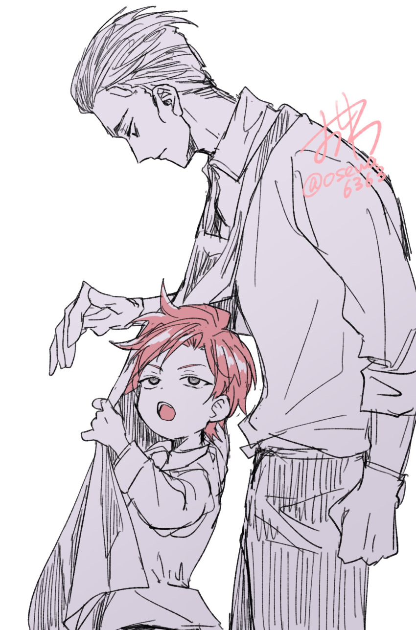 2boys, age_difference, apron, beacrox_molan, black_hair, cale_henituse, child, clenched_hand, collared_shirt, commentary_request, hair_slicked_back, height_difference, highres, limited_palette, long_sleeves, looking_at_another, looking_up, lout_of_count's_family, male_focus, multiple_boys, open_mouth, osewa6363, pants, red_hair, shirt, short_hair, signature, simple_background, sleeves_rolled_up, white_background