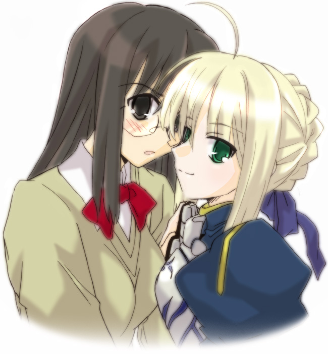 armor, artist_request, black_eyes, black_hair, blonde_hair, blush, bow, dress, fate/prototype, fate/stay_night, fate_(series), glasses, green_eyes, hair_ribbon, ribbon, saber, sajou_ayaka, sajyou_ayaka, school_uniform, yuri