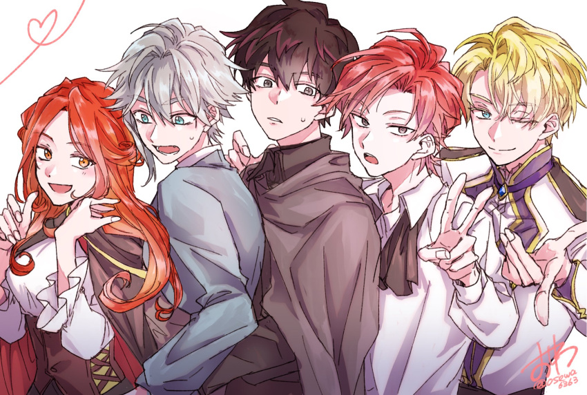 1girl, 4boys, alberu_crossman, ascot, black_hair, blonde_hair, blue_eyes, brown_cape