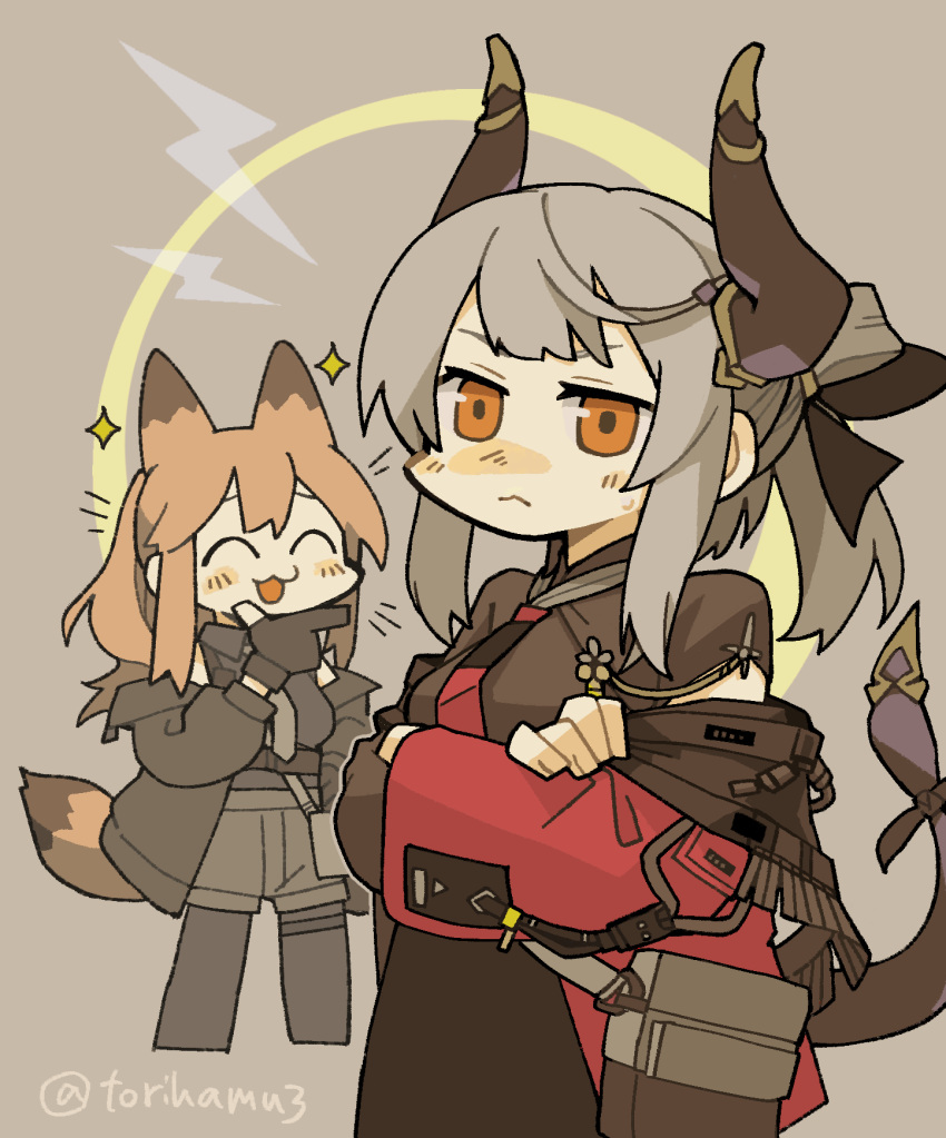 2girls, :3, ^_^, animal_ears, arknights, black_coat, black_gloves, black_shirt