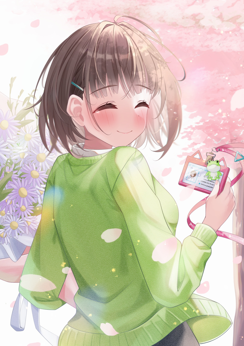 1girl, ^_^, absurdres, blush, bouquet, brown_hair, cardigan, charm_(object)