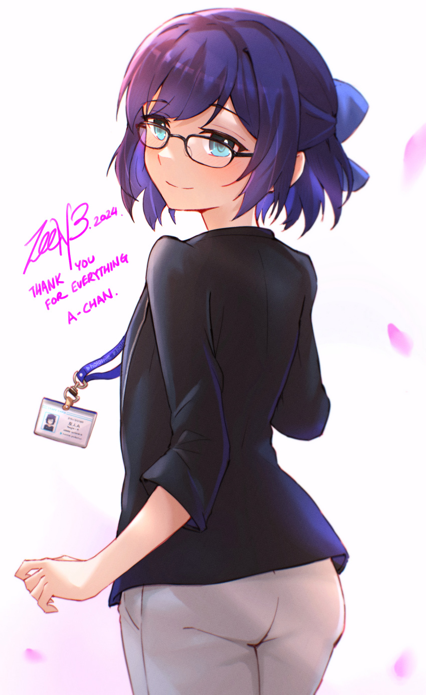1girl, 2024, a-chan_(1st_costume)_(hololive), a-chan_(hololive), absurdres, black-framed_eyewear, black_shirt, blue_bow