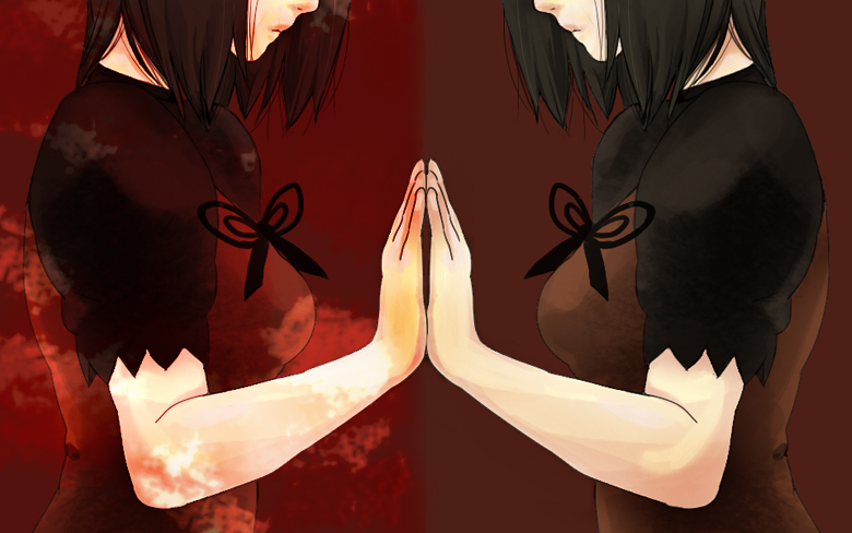 2girls, amakura_mayu, black_hair, bow, brown_hair, expressionless, fatal_frame, mirrored