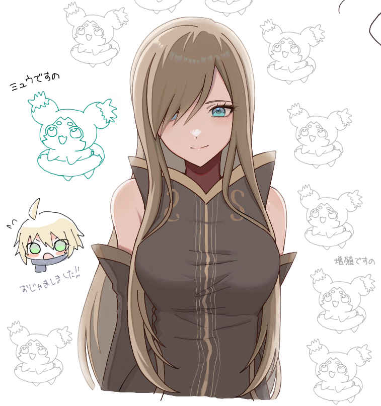 1boy, 1girl, ahoge, bare_shoulders, blonde_hair, blue_eyes, breasts, brown_dress, brown_hair, brown_sleeves, closed_mouth, commentary_request, creature, detached_sleeves, dress, emil_castagnier, flying_sweatdrops, green_eyes, hair_over_one_eye, large_breasts, long_hair, looking_at_viewer, mieu_(tales), nooo_ji, scarf, sidelocks, simple_background, smile, solo_focus, straight-on, tales_of_(series), tales_of_symphonia, tales_of_the_abyss, tear_grants, translation_request, upper_body, white_background