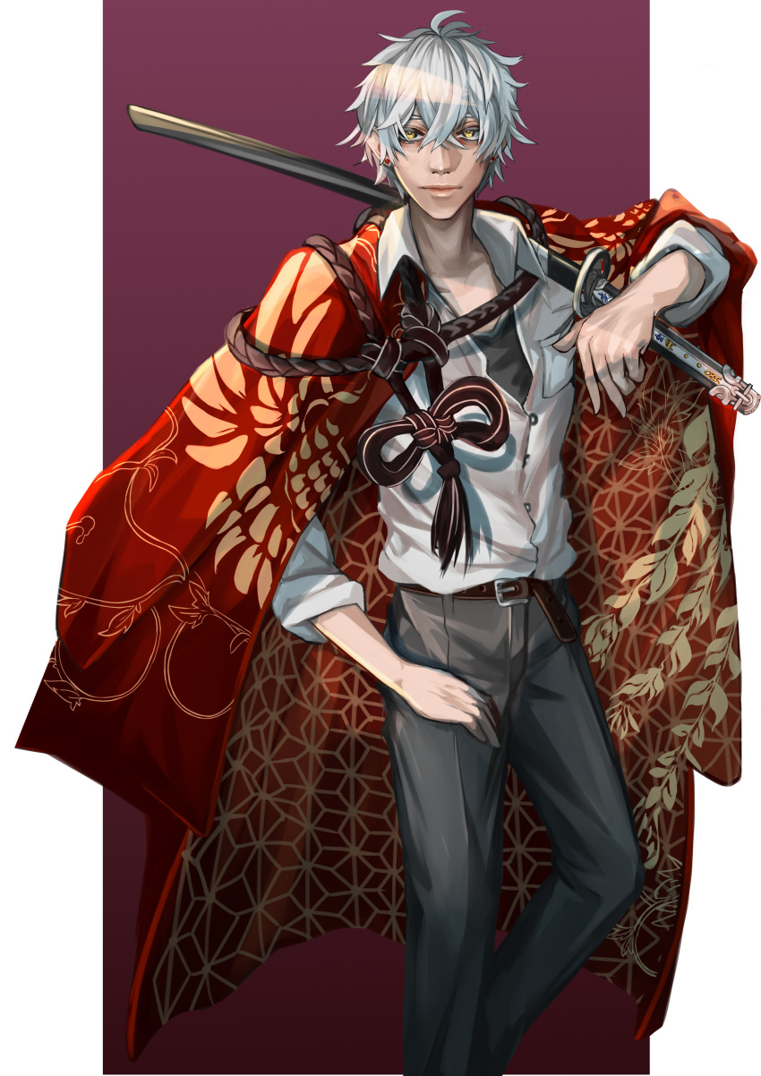 1boy, absurdres, belt, black_shirt, brown_belt, collared_shirt, commentary_request, grey_pants