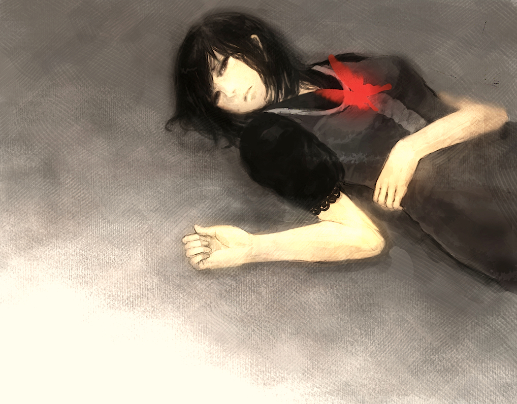 black_eyes, black_hair, bow, dress, frown, lying, original, schizos05