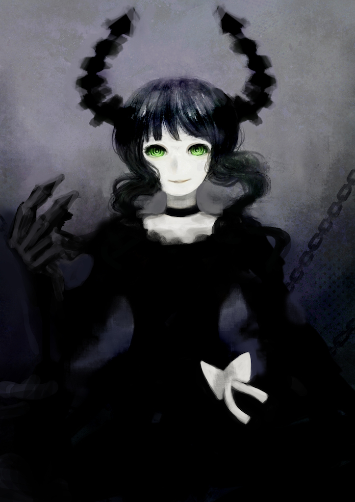 black_hair, black_rock_shooter, bow, chains, claws, dead_master, dress, green_eyes