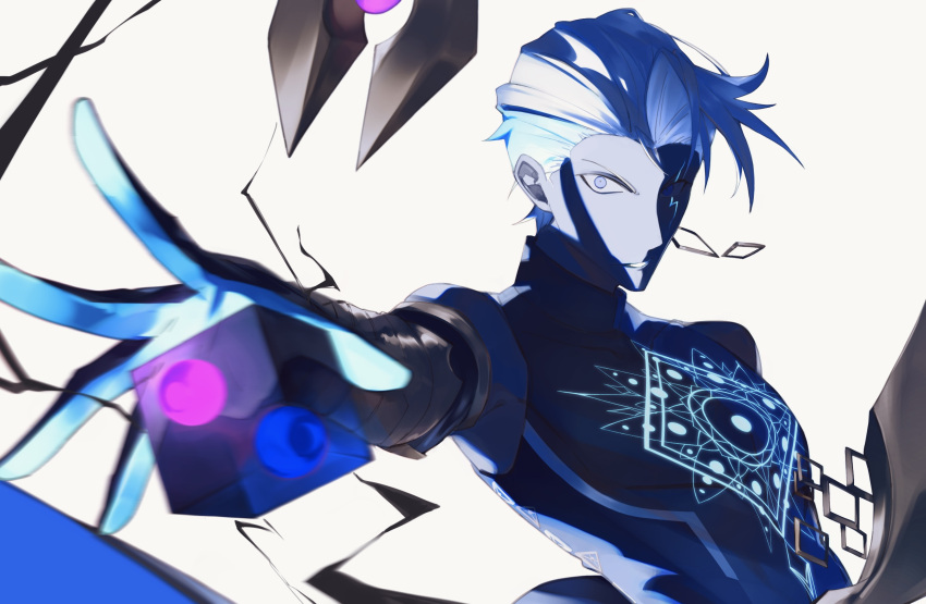 1boy, blue_eyes, colored_skin, commentary_request, cube, earrings, fate/grand_order, fate_(series)