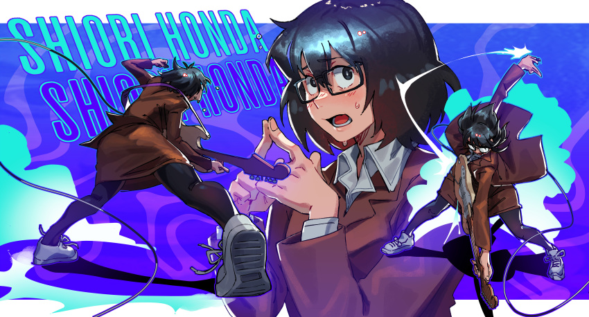 1girl, :o, absurdres, barley_juice, black_hair, black_pantyhose, brown_skirt, commentary, electric_guitar, english_commentary, glasses, guitar, highres, honda_shiori, index_fingers_together, instrument, long_sleeves, medium_hair, multiple_views, pantyhose, shiori_experience_~jimi_na_watashi_to_hen_na_ojisan~, shoes, skirt, sneakers, sweatdrop