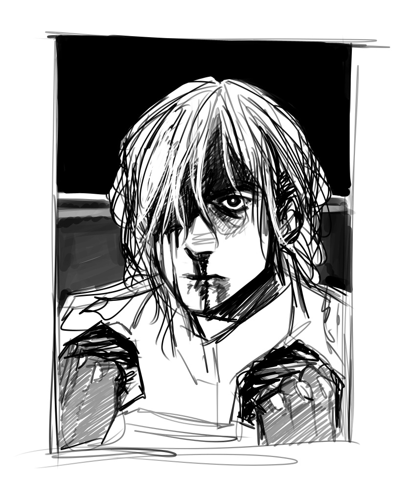 1boy, absurdres, blood, commission, commissioner_upload, greyscale, hair_between_eyes, highres