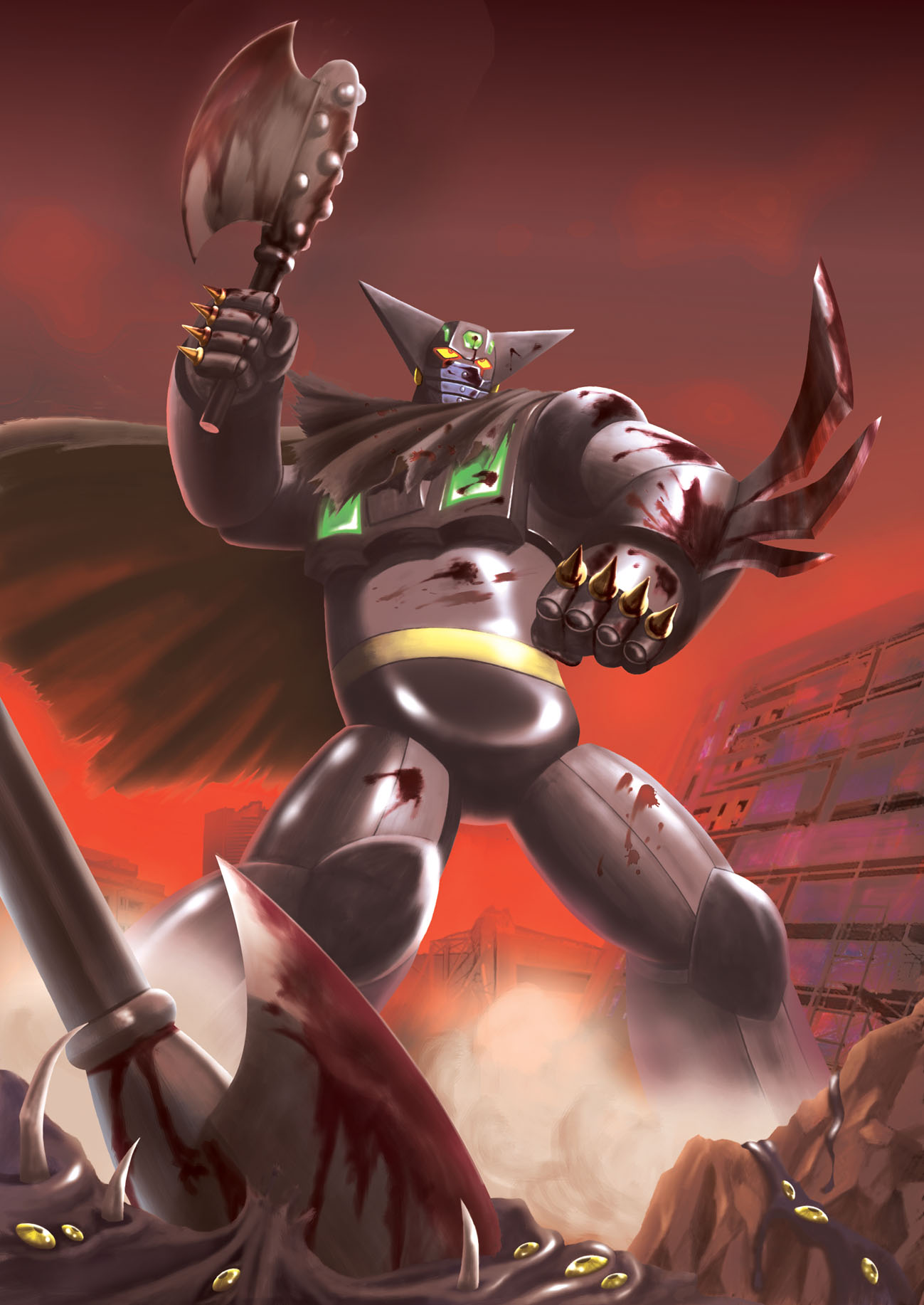axe, black_getter, blood, blood_stain, cape, clenched_hands, fist, fog