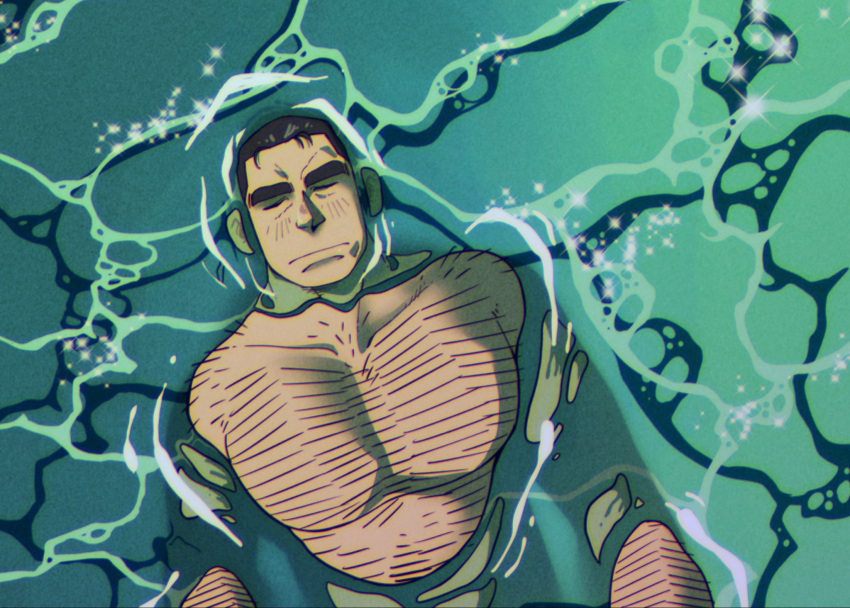 1boy, afloat, black_hair, caustics, closed_eyes, closed_mouth, commentary, english_commentary