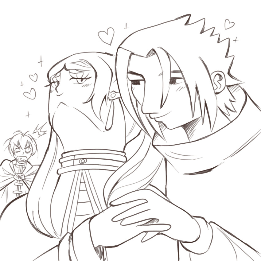 1girl, 2boys, bad_sasuke_drawing_(meme), caldatelier, capelet, commentary, earrings, english_commentary, frieren, greyscale, heart, highres, himmel_(sousou_no_frieren), jewelry, meme, monochrome, multiple_boys, naruto_(series), quality, robe, short_hair, short_twintails, sousou_no_frieren, sparkle, twintails, upward_angle_frieren_drawing_(meme)