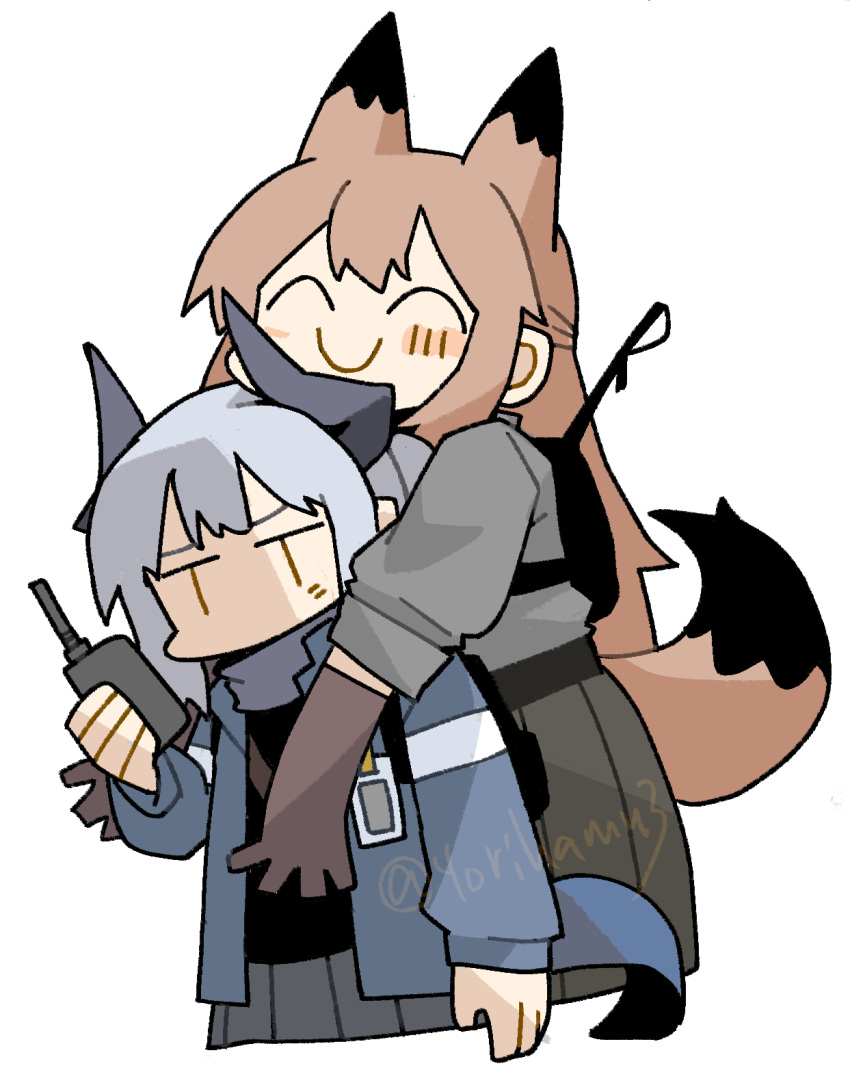 2girls, ^_^, arknights, blue_jacket, blush, brown_gloves, brown_hair, c: