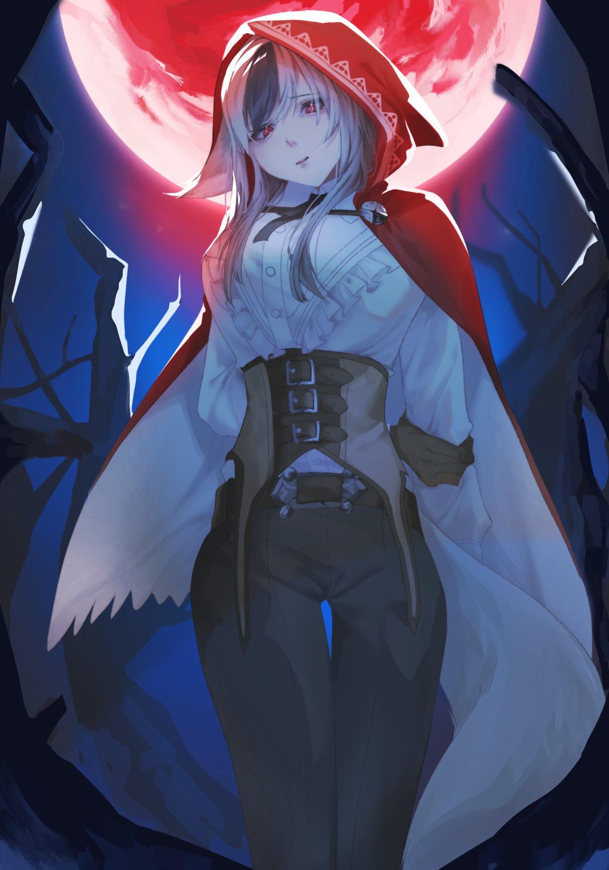 1girl, animal_ears, arms_behind_back, black_hair, breasts, brown_corset, brown_gloves, cape, closed_mouth, commentary_request, corset, fire_emblem, fire_emblem_fates, full_moon, gloves, grey_hair, grey_tail, highres, holding_own_arm, hood, hood_up, hooded_cape, large_breasts, long_hair, long_sleeves, looking_at_viewer, moon, multicolored_hair, night, red_eyes, red_hood, red_moon, saki_ttx, shirt, solo, streaked_hair, tail, two-tone_hair, velouria_(fire_emblem), white_shirt, wolf_ears, wolf_girl, wolf_tail