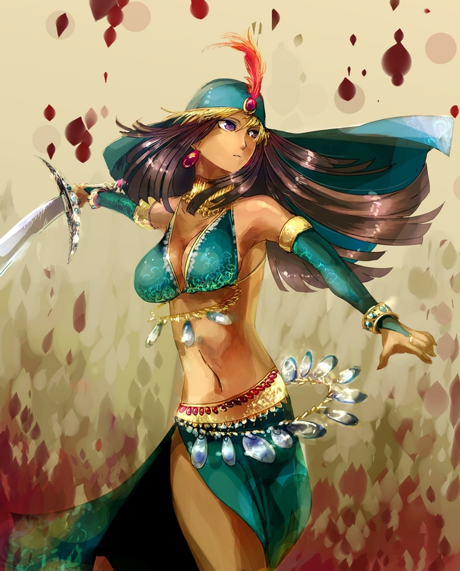 1girl, brown_hair, dark_skin, female, hat_feather, long_hair, pop'n_music, saber_(weapon)