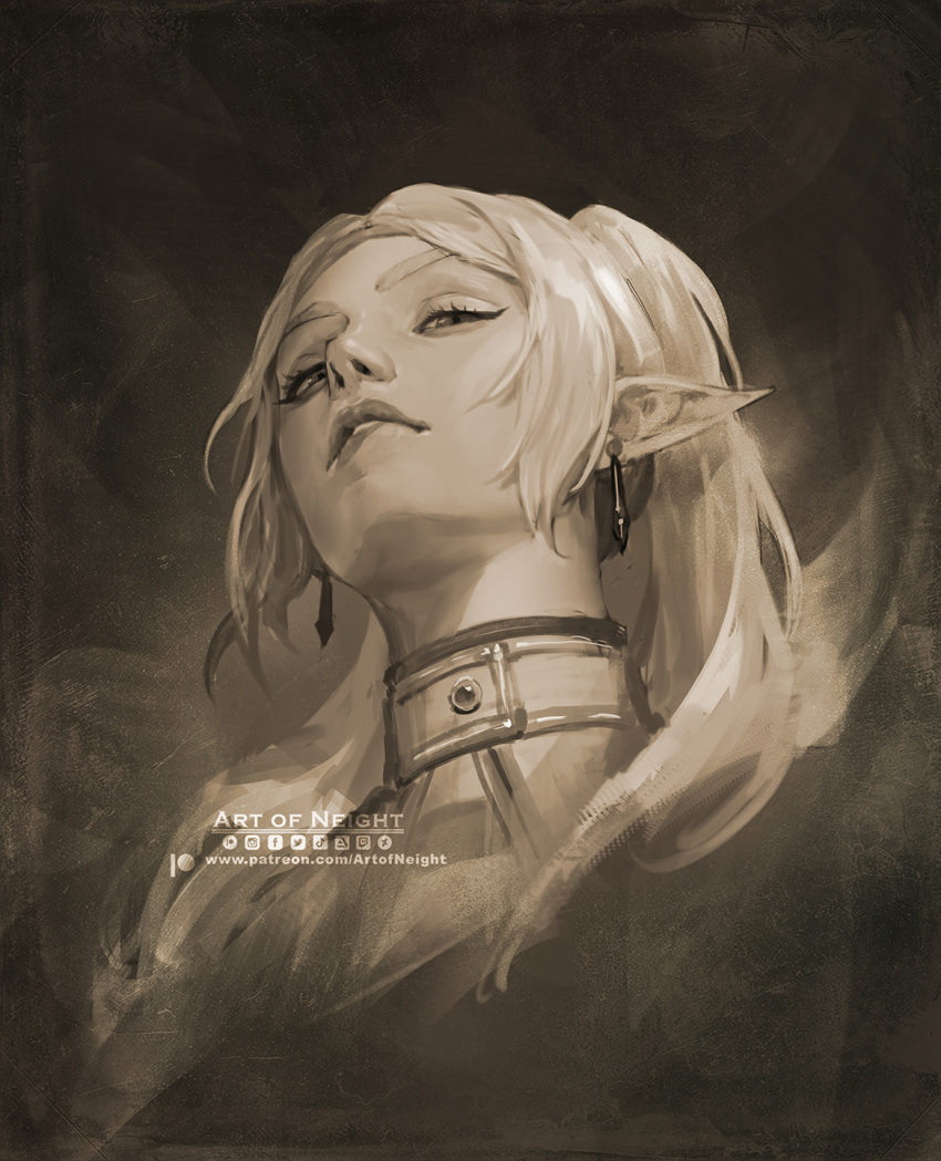 1girl, art_of_neight, biting_own_lip, capelet, commentary, earrings, elf, english_commentary