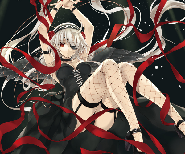 arms_up, black_panties, black_wings, bracelet, breasts, choker, cleavage, collar
